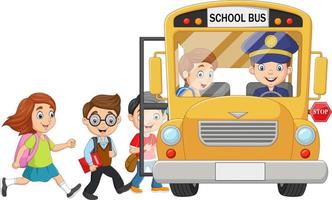 crianças felizes dos desenhos animados, embarcando em um ônibus escolar