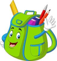 mochila de escola verde dos desenhos animados, acenando com a mão vetor