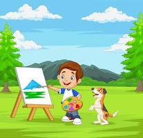 menino dos desenhos animados pintando com seu animal de estimação no parque