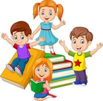 crianças em idade escolar felizes com pilhas de livros vetor
