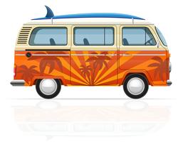 minivan retrô com uma ilustração do vetor de prancha de surf