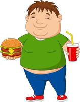 menino com excesso de peso segurando hambúrguer e refrigerante