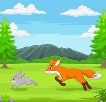 a raposa está perseguindo um coelho em uma savana africana vetor