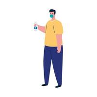 avatar de homem com máscara médica e design de vetor de higienizador de mãos