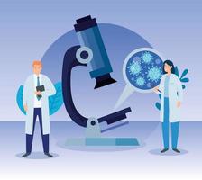 médicos e microscópio com partículas covid 19