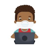 menino usando máscara facial com laptop estudando online vetor
