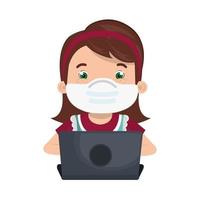 garota usando máscara facial com laptop estudando online vetor