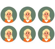 conjunto de ícones avatar mulher emoções diferentes triste feliz zangado chorando rosto sorridente ilustração plana dos desenhos animados isolada no elemento de interface web branco vetor