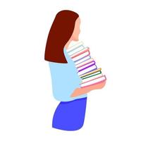 ilustração plana de mulher com desenhos coloridos de livros isolados no ícone branco lendo o conceito de biblioteca de educação do dia da alfabetização vetor