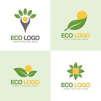 conjunto de modelo de vetor de design de logotipo de sol e folhas, conceito de símbolo de energia alternativa natural nascer do sol com plantas verdes ícone de logotipo eco orgânico fresco produtos agrícolas