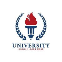 modelo de logotipo de educação universitária com vetor de ícone de tocha de lápis de folha de louro