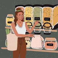 ilustrações de linda jovem com saco ecológico comprar comida na loja de lixo zero vetor