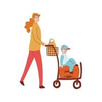 ilustração de mãe com filho andando com bagagem no carrinho vetor