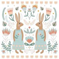 cartão de feliz páscoa no estilo de arte popular. coelho ou coelhinha em vestido e motivos florais. ilustração de primavera. vetor