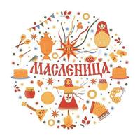 conjunto de vetores maslenitsa ou entrudo, carnaval russo. inscrição russa maslenitsa.