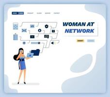 ilustração em vetor de mulher segurando laptop e conectado à pasta de trabalho conectados uns aos outros na rede. design pode ser usado para site, pôster, panfleto, aplicativos, publicidade, promoção, marketing