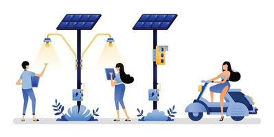 ilustração vetorial de painéis solares usados para instalações públicas diárias, como luzes de rua e semáforos, para apoiar as energias renováveis. pode usar para aplicativos de site da web cartaz banner flyer homepage