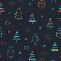 preto sem costura padrão com linhas de árvores de natal laranja azul verde e estrelas de nuvens doodle. textura de inverno, têxteis, papel de parede infantil. vetor