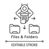 ícone linear de arquivos e pastas. classificação automática de arquivos. automatizar tarefas de escritório. automação de processos robóticos. ilustração de linha fina. símbolo de contorno. desenho de contorno isolado de vetor. traço editável vetor
