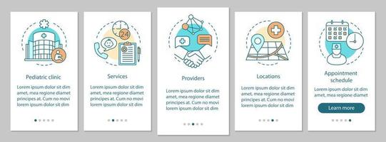 clínica pediátrica onboarding tela da página do aplicativo móvel com conceitos lineares. serviço, provedor, local, agendamento de consultas passo a passo instruções gráficas. ux, ui, modelo de vetor gui com ícones