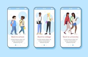 primeiro de setembro onboarding modelo de vetor de tela de aplicativo móvel. volta para a escola, universidade, faculdade. passos do site passo a passo com caracteres planos. ux, ui, gui conceito de interface de desenho animado smartphone