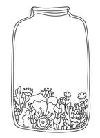 doodle página do livro de colorir. frasco de vidro com flores e espaço para texto. linhas vetoriais arte design anti-stress para adultos e crianças. ilustração de planta desenhada à mão vetor