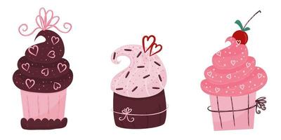 bolo dos namorados. um conjunto de muffins com chocolate e cerejas. uma padaria com um coração e um laço para o feriado do dia dos namorados. ilustração vetorial em estilo plano de mão desenhada.
