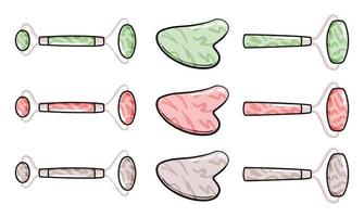 gua sha e ferramenta de rolo de massagem facial isolada no fundo branco. raspador de auto-massagem de pedra de yoga quarts. rotina de beleza em casa. conjunto moderno de doodle plano de ilustrações de rolos de gua sha e jade. vetor