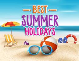 melhor vetor de palavras de título de férias de verão na praia à beira-mar com elementos de verão ao ar livre.