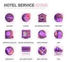 Ícones lisos do inclinação moderno dos serviços de hotel do grupo para o Web site e Apps móvel. Contém ícones como bagagem, recepção, serviços de quarto, fitness center. Ícone plana de cor conceitual. Pacote de pictograma de vetor. vetor