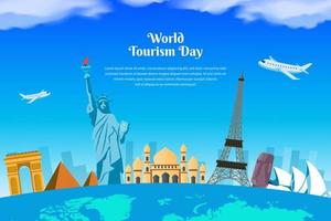 design do dia mundial do turismo com marcos famosos do mundo. estátua da liberdade, torre eiffel, taj mahal, pirâmide, sydney opera house, arco do triunfo, monumento, estátua moai vetor