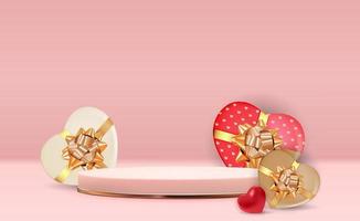 pedestal de ouro rosa sobre fundo natural pastel rosa com coração vermelho. exibição de pódio vazio na moda para apresentação de produtos cosméticos, revista de moda. copie a ilustração vetorial de espaço vetor