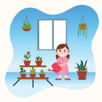 crianças regando as plantas. garota de jardinagem em casa conceito vetor