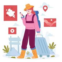 ideia de ilustração vetorial de conceito de viagem para modelo de página de destino, pessoas fazendo férias de férias com caminhadas na natureza e mapa, estilos planos desenhados à mão