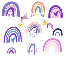 coleção de arco-íris. bebê arco-íris com corações, nuvens, chuva no estilo escandinavo. perfeito para crianças, cartazes, estampas, cartões postais, tecido. ilustração vetorial de desenho animado vetor