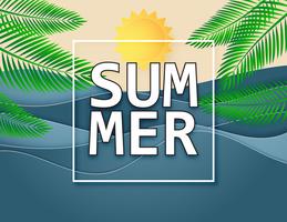 Ilustração do fundo do verão com sol, mar e palmeiras. vetor