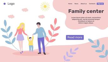 modelo de design de página da web para centro familiar. família jovem feliz em uma caminhada. vetor