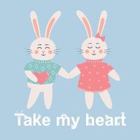 coelhos fofos apaixonados. coelhinhos escandinavos felizes em roupas com coração. pegue meu texto de coração. vetor