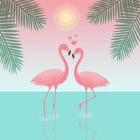 casal de flamingos apaixonados estão na água. marinha com folhas de palmeira e sol. vetor