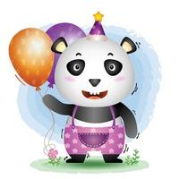 um panda fofo usando chapéu de aniversário e segura balão vetor