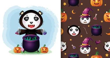 um panda fofo com coleção de personagens de halloween de fantasia de bruxa. padrão sem emenda e desenhos de ilustração vetor