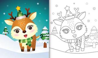 livro de colorir com uma coleção de personagens de natal de veado fofo com um chapéu e cachecol vetor