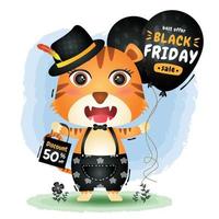 venda de sexta-feira negra com uma promoção de balão de preensão de tigre fofo e ilustração de sacola de compras vetor
