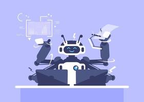 ilustração em vetor plana robô multitarefa. trabalhador de escritório, gerente com personagem de desenho animado isolado de inteligência artificial. funcionário de ai trabalhando com laptops. humanóide, ciborgue, andróide no local de trabalho