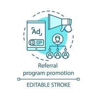 ícone de conceito de promoção de programa de referência. ilustração de linha fina de ideia de marketing. smm, rede social, estratégia, compartilhamento social. incentivo do cliente. desenho de contorno isolado do vetor. curso editável vetor