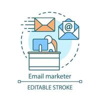 ícone de conceito de comerciante de e-mail. gerenciamento de banco de dados de e-mail ideia ilustração de linha fina. criação de newsletters, envio em massa. especialidade de marketing digital. desenho de contorno isolado de vetor. traço editável vetor