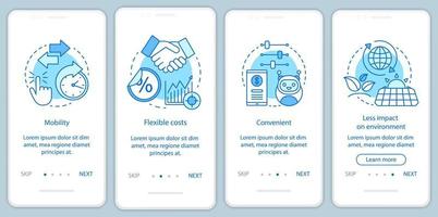 as tecnologias online beneficiam a integração da tela da página do aplicativo móvel com conceitos lineares. ferramentas de gestão vantagens passo a passo instruções gráficas. ux, ui, modelo de vetor gui com ilustrações