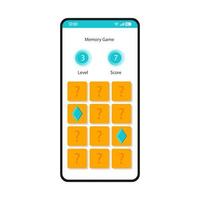 modelo de vetor de interface de smartphone de jogo de memória. layout de design branco da página do aplicativo móvel. par de jogo, concentração, tela de jogo de criança intelectual. interface do usuário plana para aplicação. Treinamento cerebral. visor do telefone