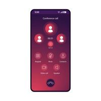 modelo de vetor de interface de smartphone de chamada de conferência. layout de design gradiente roxo da página do aplicativo móvel. tela de audioconferência em grupo. interface do usuário plana para aplicação. mudo, alto-falante, contatos. visor do telefone