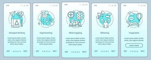 qualidades profissionais integrando o modelo de vetor de tela de página de aplicativo móvel. soft skills de rh. imaginação, experimentação, ressignificação. passo a passo do site. ux, ui, gui conceito de interface de smartphone